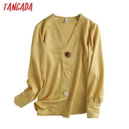 Tangada Women Chiffon Shirts Long Ssleeve Button Decorate Turn Down Ccollar Elegant Office Ladies Tops 5M23 210609