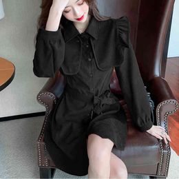 Long Sleeve Spring Autumn High waist belt back Vintage A-line Dresses Ruffle Solid Color Women Dress 955A 210420