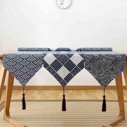 Retro Japanese Linen Cotton Table Runner Lattice Tea TV Cabinet Cover cloth Flag Decoration Home Decor 210708