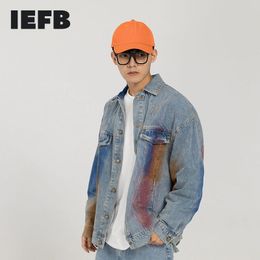 IEFB Men's Wear Spray Paint Black Blue Jeans Jackets Loose Causal Spring Single Breasted Button Short Denim Coat 9Y4132 210524