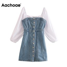 Aachoae High Street Jeans Patchwork Mini Dress Women Lantern Long Sleeve Button Up Dresses Square Collar A Line Chic Party Dress 210413