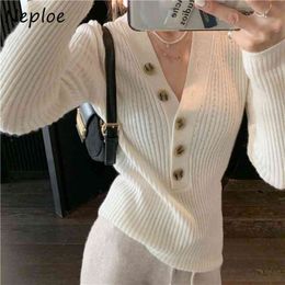 Neploe V Neck Long Sleeve Single Breast Knit Sweater Women Solid Slim Fit Spring Outwear Pull Femme Wild Sueter 210510