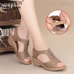 Summer New Women Sandals High Heel Wees Leather Shoes Woman Solid Casual Zip Platform Sandals Plus Size 35-41 Ladies Shoes X0728