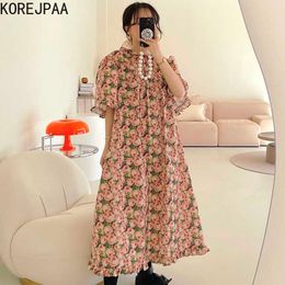 Korejpaa Women Dress Summer Korean Chic Female Western Style Retro Round Neck Pleated Puff Sleeve Fungus Floral Vestidos 210526