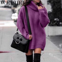 WEPBEL Women High Neck Autumn Winter Sweater DrLong Loose Plus Size Knitted Casual Fashion Ladies Sweaters X0721