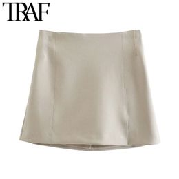 TRAF Women Chic Fashion With Slit Mini Skirt Vintage High Waist Side Zipper Female Skirts Mujer 210415