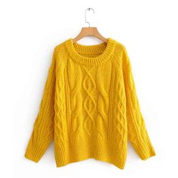 Stylish Chic Women Yellow Sweater Fashion Knitting O-Neck Pullovers for Girls Streetwear Casual Female Knitwear 210531