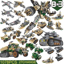 1078PCS+ Building Blocks Military War Robot Model Transformered For Tank Figures Helicoptered Ship kids Toys City Q0624