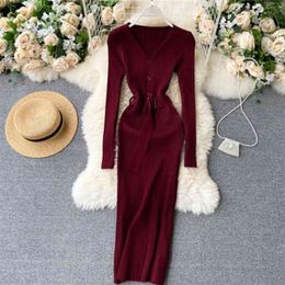 Spring Autumn Solid Color Elegant Women's Red Knitted Dress Ladies V-Neck with Belt Slim Bodycon Midi Dresses Female Robe 210514