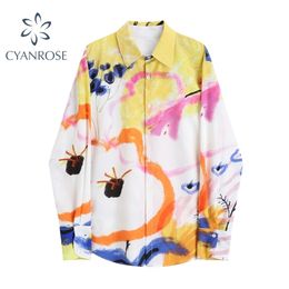 Hand-Printed Blouses Women Lapel Cardigan Fashion Shirt Ladies Streetwear Beach Boyfriend Blusas Ins Long Sleeve Tops 210515