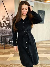 Women Casual A-Line Button Belt Dress Deep Turn Down Collar Solid Long Sleeve Pocket Elegant Dress New Party Prom Dress 210412