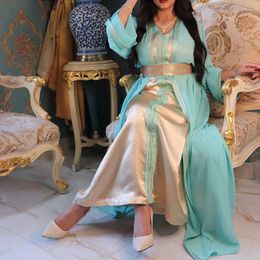 -Roupas étnicas Diamantes Marroquina Takchita Kaftans Sfifa Trança Chiffon Overdress com cetim vestido interior muçulmano Árabe Caftan casamento casamento