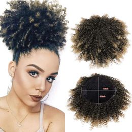 Afro Puff Ponytail Drawstring human Short Kinky Curly Ombre Honey Blond Pineapple PonytailS Donut Chignon Hairpieces 120g Wrap Updo Hair Extension Clips 1B/27#