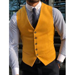 Men's Vests Men Vest Classic Cotton Blended Yellow Slim Fit Formal Suit Waistcoat Single Breasted V Neck For Wedding