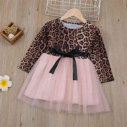 Girls Dress Spring Autumn Long Sleeve Leopard Bow Mesh Patchwork Princess Toddler Children Clothes for 2-6Y 210528