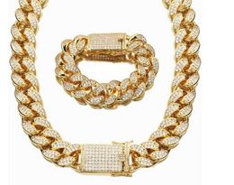 18mm Full Rhinestone Cuban Chain Diamond Body 18K Gold Plated Copper Necklace Men's Necklace Bracelet Set