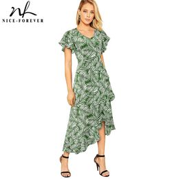Nice-forever Boho Summer Printed Maxi Beach vestidos unsymmetrical Hem A-Line Flare Women Dress A156 210419