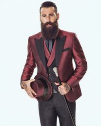 New Fashion Shiny Burgundy Groom Tuxedos Groomsmen Excellent Black Peak Lapel Man Wedding Wear High Quality Men Party Prom Suit(Jacket+Pants+Tie+Vest) 2812