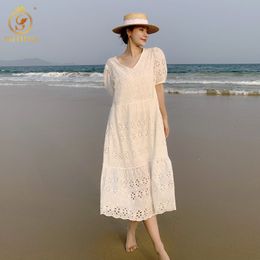 Summer Dress Women Sexy V-Neck Short Sleeve Vestido High Waist Casual Loose Lace Embroidery Dresses 210520