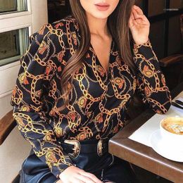 Women's Blouses & Shirts Fashion Women Password Chain Printed Vintage Blouse Female High Street Criss-cross V Neck Tops Shirt1