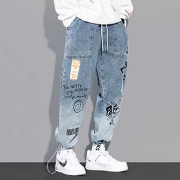 Fashion Streetwear Men Jeans Retro Blue Loose Fit Printed Designer Denim Harem Pants Homme Slack Bottom Hip Hop Joggers Trousers