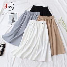 Korean Fashion Summer Midi Skirt Women Cotton Pocket A-Line Casual Solid Black White Elastic Waist Elegant Pleated 210510
