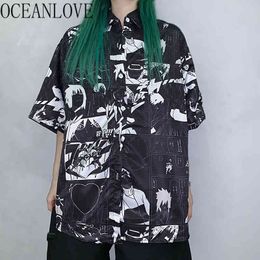 Harajuku Black Women Tops and Blouses Vintage Ins Print Shirts Streetwear Fashion Blusas Loose BF Top 14827 210415