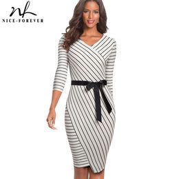 Nice-forever Elegant V-neck Stripes Office vestidos Business Party Bodycon Autumn Women Dress B548 210419