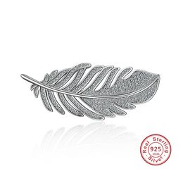 Fashion leaf Feather 925 sterling silver Brooches for Women Corsages with Shining Crystal Brooch Big Scarf Clothes Accessories