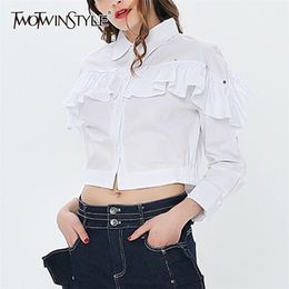 White Patchwork Ruffle Shirt For Women Lapel Long Sleeve Casual Solid Blouse Female Fashion Clothing Spring 210524