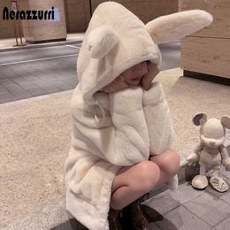 Nerazzurri Spring fluffy jacket with rabbit ears raglan sleeve zipper Oversize light soft harajuku kawaii faux fur hoodie 2021 Y0829