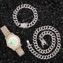 Hip Hop 13MM 3PCS KIT Heavy Watch+Prong Cuban Necklace+Bracelet Bling Crystal AAA+ Iced Out Rhinestones Chains For Men Jewellery