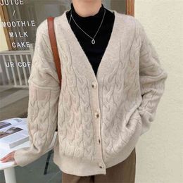 Autumn Winter Twist Knitted Sweater Cardigans V-neck Single Breasted Women Sweaters Solid Loose Long Sleeve Pull Femme Coat 210514