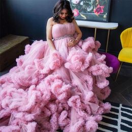 Luxury Pink Ruffles Maternity Dress Strapless Crystal Pleats Pregnant Women Evening Dresses Plus Size Lingerie Bathrobe Nightwear Gowns