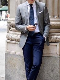 grey slim fit prom suits Canada - Grey 2 Piece Slim Fit Men Formal Suit With Navy Pants 2021 Groom Wedding Tuxedo Prom Business Set Men's Suits & Blazers