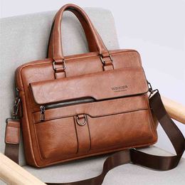 Retro Men PU Leather Black Briefcase Business Men Handbags Male Vintage Shoulder Messenger Bag Men Large Laptop Handbags 210809
