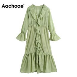 Chic Women Ruffles Lace Chiffon Dresses Female V Neck Sweet Midi Long Sleeve A Line Elegant Dress 210413