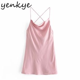 Summer Women Spaghetti Strap Satin Dress Female Fashion Backless Sleeveless Night Out Club Sexy Short Vestido 210514