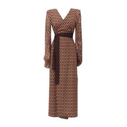 PERHAPS U Korean Version Khaki Plaid Print V Neck Chiffon Sash Long Sleeve Split Midi Dress Summer Beach D1799 210529