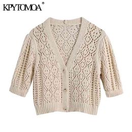 Women Fashion Hollow Out Cropped Knitted Cardigan Sweater V Neck Short Sleeve Female Outerwear Chic Tops 210420