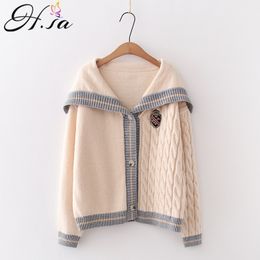 H.SA winter clothes women Big Collar Twisted Patchwork Loose Button Up Knit Jacket Csual Sweater Cardigans Roupa 210417