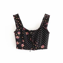 Vintage Chic Floral Dot Printed Bow Lace-up Cropped Blouses Women Fashion Square Collar Strap Shirts Girls Chic Tops 210520