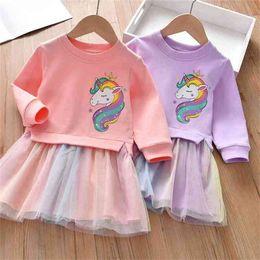 Girls dress spring baby cartoon pattern little girl western style long-sleeved rainbow skirt P4518 210622
