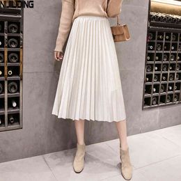 Gold Velvet Skirt Women's Autumn and Winter A-line Mid-length Pleated High Waist All-match Long 210514