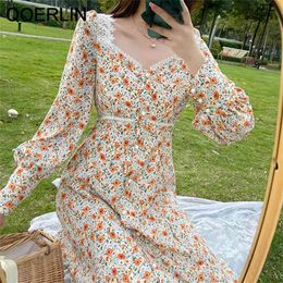 Taste Gedruckt Blumen Kleid Frauen Frühling Herbst Elegante Puff Sleeve V-ausschnitt Elastische Taille Hohe Weibliche Chiffon Kleider Volle 210601