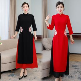 Casual Dresses COIGARSAM Women Dress Autumn 2021 Chinese Style National Wind Cheongsam Vintage Three Quarter Sleeve Red Black Traf