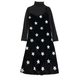 Women Black Turtle Neck Long Sleeve Velvet Star Sling Two Pieces Set Midi Dress Winter Autumn T0061 210514