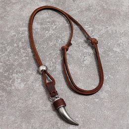 Pendant Necklaces Vintage Punk Horn Leather Necklace Men Adjustable Long Rope Chain Handmade Jewellery Choker Male Female Accessories Gift