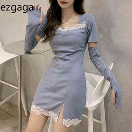 Ezgaga Sexy Bodycon Dress Women Square Collar Lace Split Short Sleeve High Waist Clubwear Dresses Spring Summer Fashion Vestidos 210430