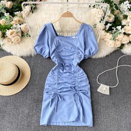 SINGREINY Women Drawstring Ruched Dress French Retro Square Collar Puff Sleeve Slim Dresses Summer Korean Streetwear Short Dress 210419